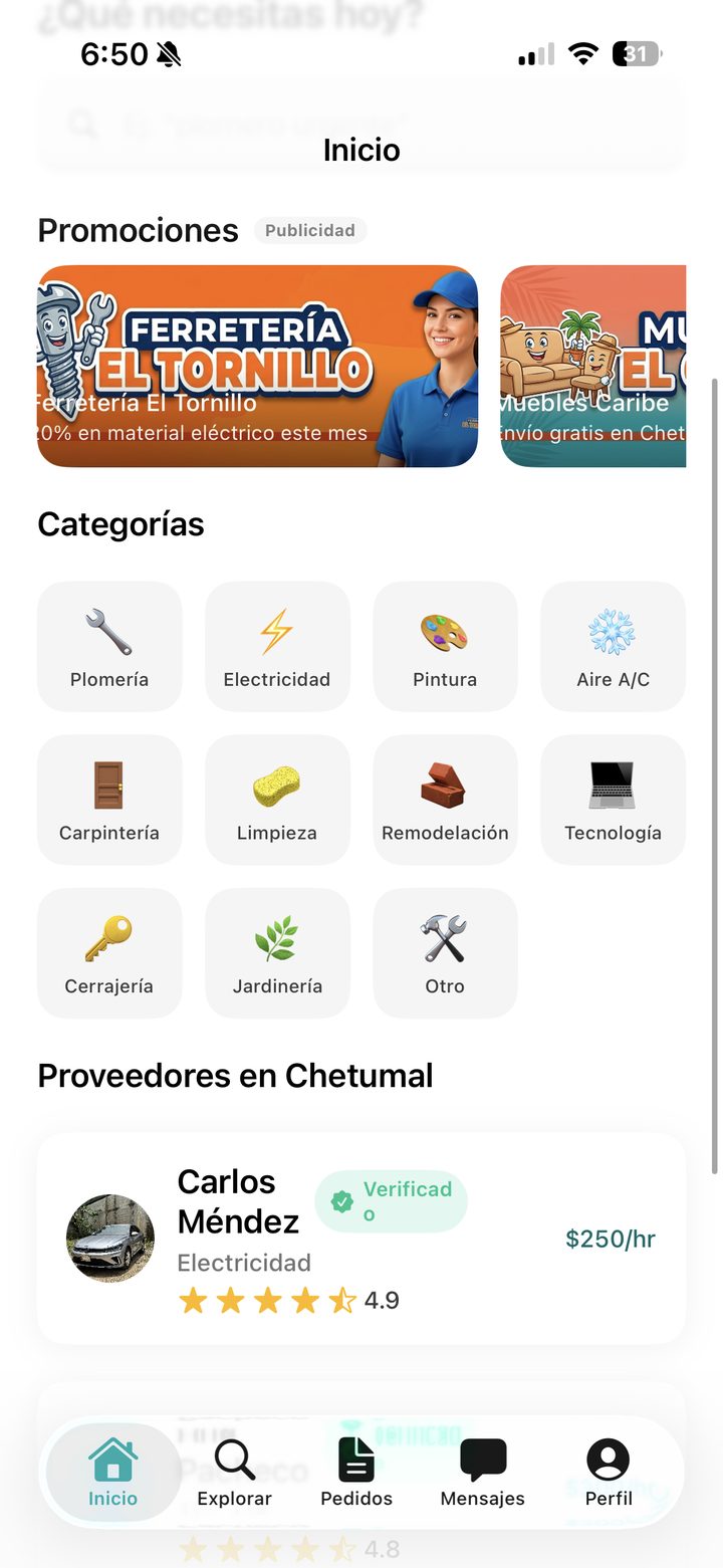 Inicio de Chamber: categorías de servicio y proveedores en Chetumal