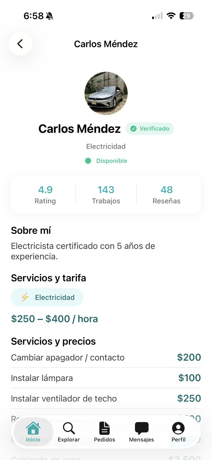 Perfil del proveedor verificado con rating, trabajos y reseñas